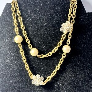 Trifari vintage gold tone necklace, faux pearls, glass bead clusters. 30”
